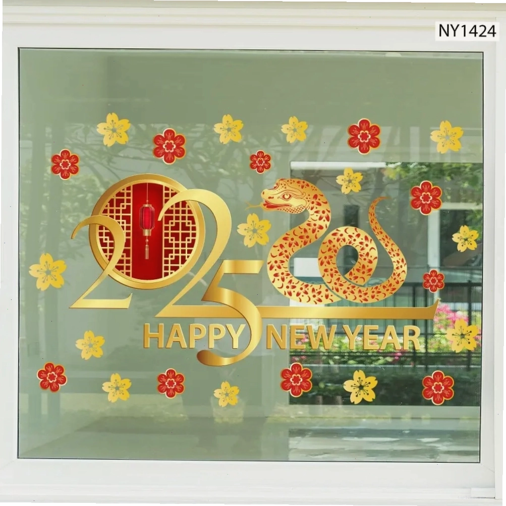 Decal dán cửa kính trang trí Tết với hình ảnh mai vàng, mai đỏ